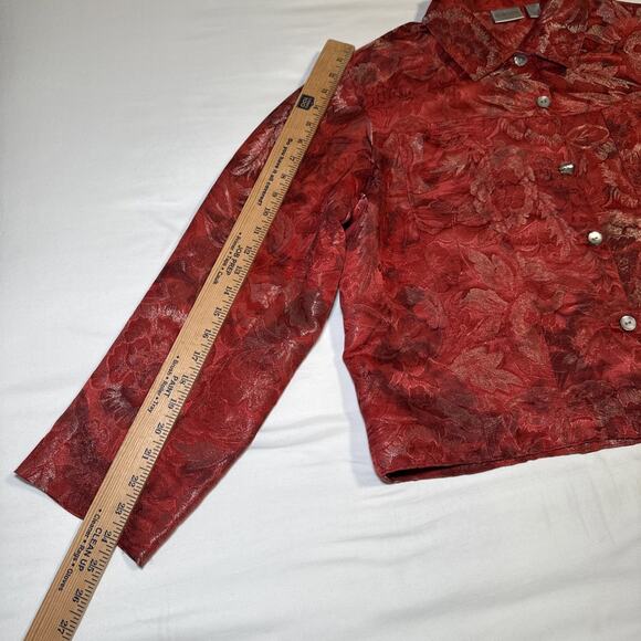 Chicos 3 Womens XL Jacket Silk Blend Blazer Red Metallic Floral Button Front EUC - Picture 7 of 14
